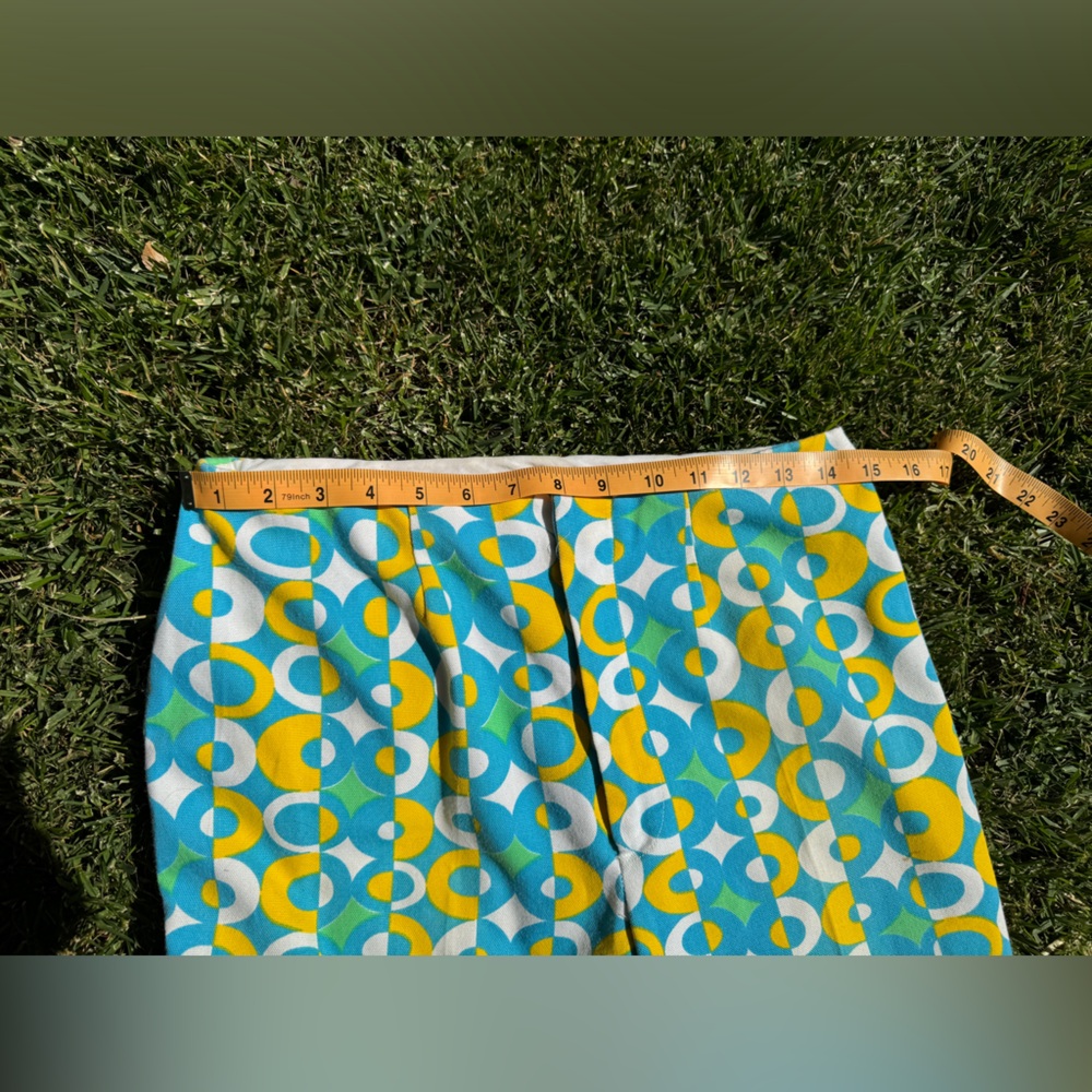 60s Vintage Green White and Blue Geometric Circle Print Kick Flares - Picture 6 of 9